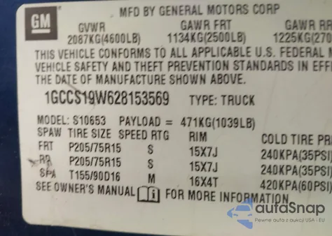 2002 Chevrolet S-10 Ls из США, поврежденный, VIN 1GCCS19W628153569